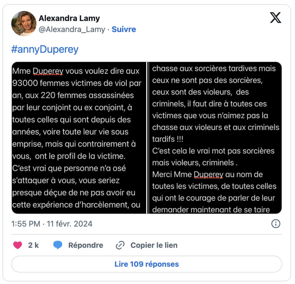 Ce ne sont pas des sorcières, ce sont des violeurs » : Alexandra Lamy répond à Anny Duperey